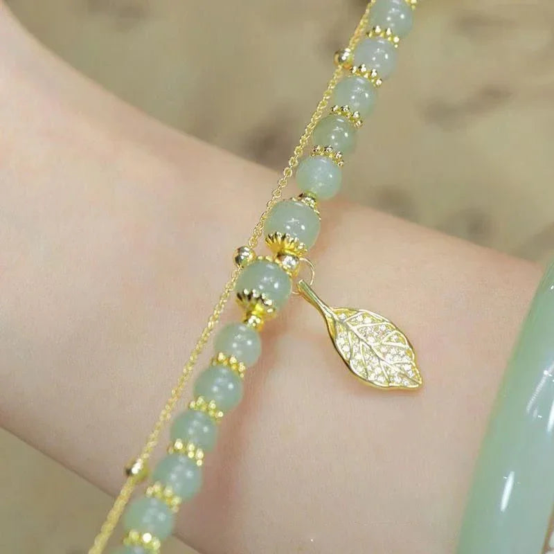 2026Chinese Style Green Jade Bracelet for Women Exquisite Gold Color Leaves Wrist Strap Bangle Double Chain Bracelet Girls Gifts