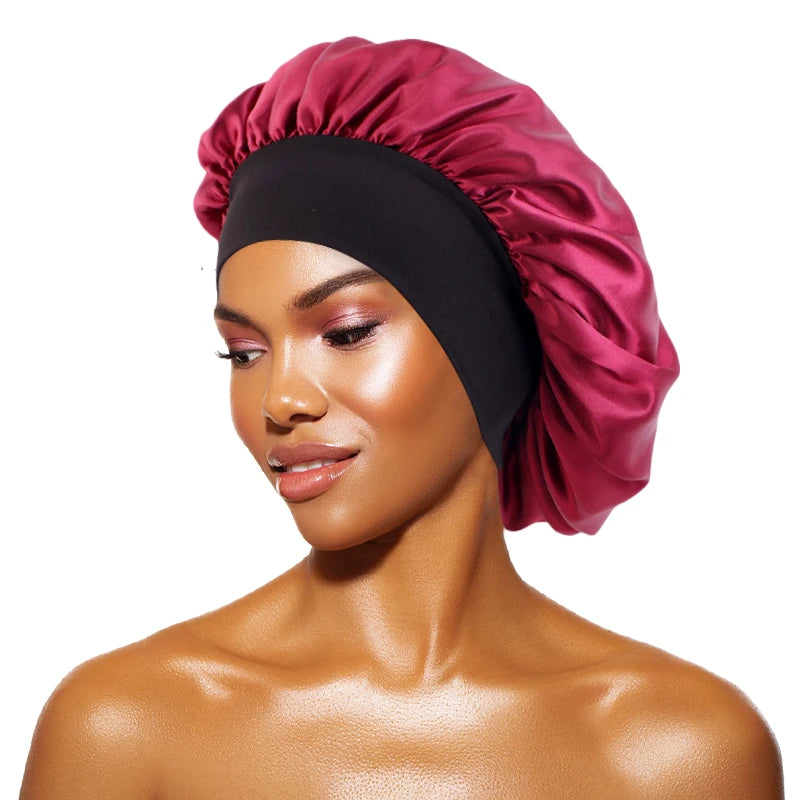 Women'S Satin Solid Bonnets Wide-Brimmed Night Sleeping Bathing Hat Unisex Head Wrap Elastic Band Cap Hair Care Bonnet