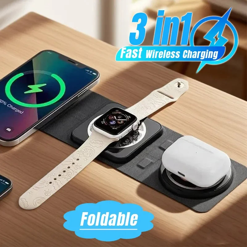 3-In-1 Magnetic Wireless Charger Dock Fabric Art Foldable Portable Fast Charging Station for Magsafe Iphone 16~12 Airpods Iwatch