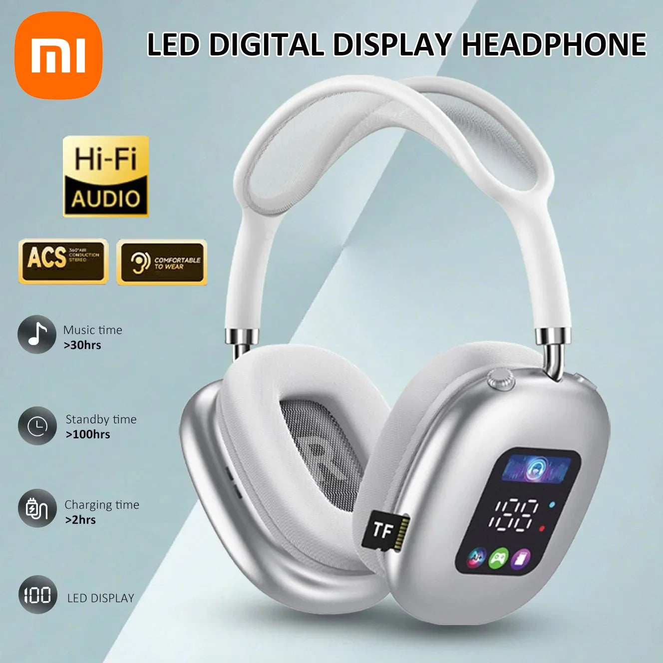 Xiaomi Wireless Bluetooth Headset with RGB Digital Display Screen Card Reader Headset Long Battery Life High-Fidelity Earphones