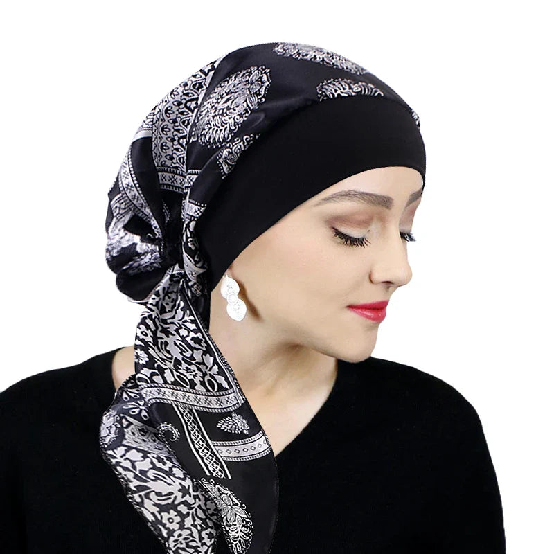 Women Pre-Tied Satin Turban Muslim Inner Hijabs Cancer Chemo Caps Headscarf Hair Loss Headwrap Bandana Elastic Hair Accessories
