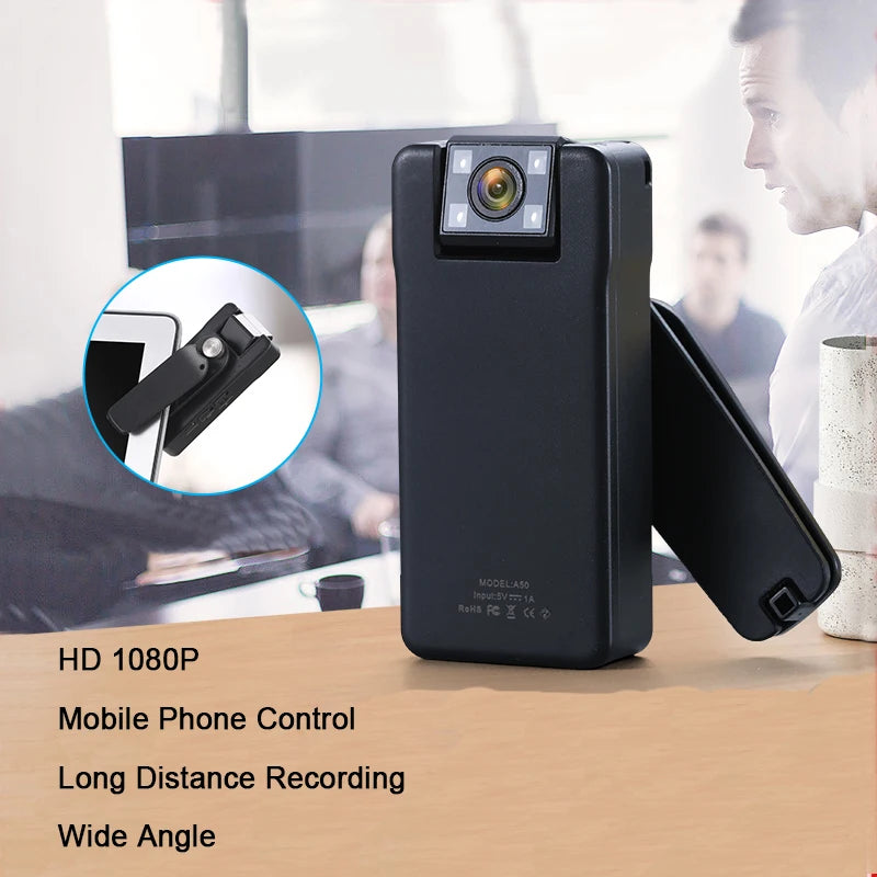 A50 Mini WIFI Camera Remote Control 90 Degrees Wide Angle Rotation Lens 1080P Bodycam with Rotating Back Clip