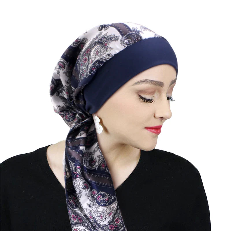 Women Pre-Tied Satin Turban Muslim Inner Hijabs Cancer Chemo Caps Headscarf Hair Loss Headwrap Bandana Elastic Hair Accessories