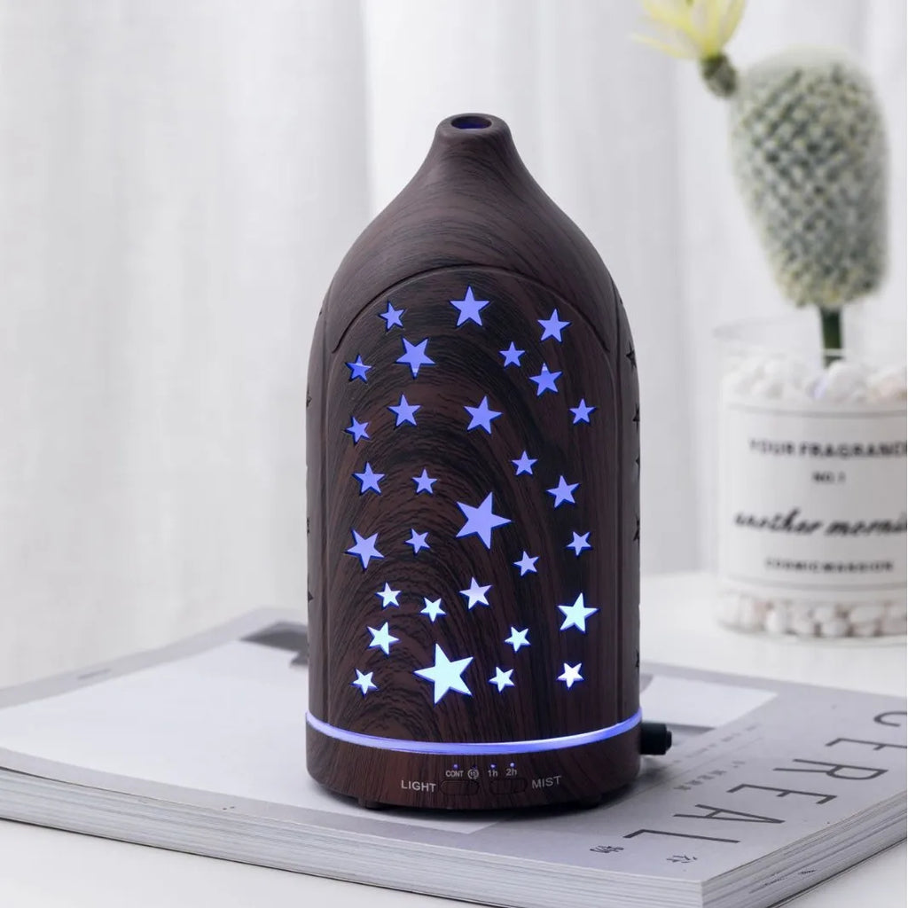Humidifier with 7 Colors LED Light 360 ° Rotary Hollow Aromatherapy Machine for Bedroom Humidifier Mist Spray Office Wood Grain