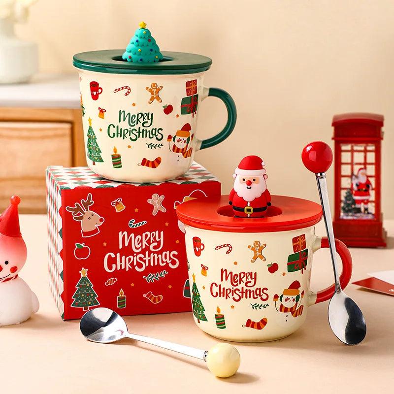 Christmas Ceramic Mug with Lid Spoon,Creative Cute Tea Cup,Holiday Gift 