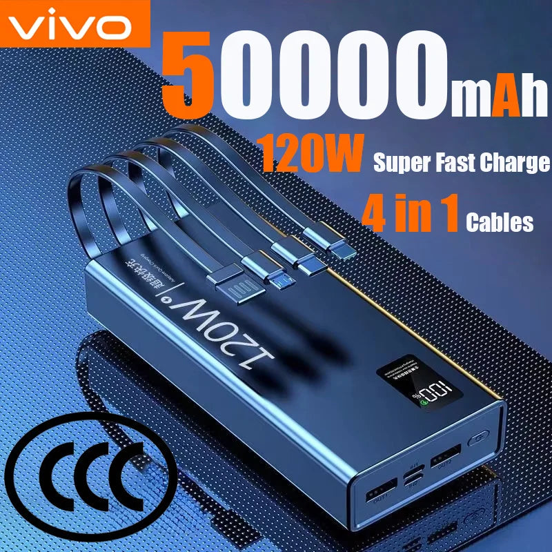 120W 50000Mah High Capacity Power Bank 4 in 1 Cables Fast Charging Powerbank Portable Battery Charger for Iphone Samsung