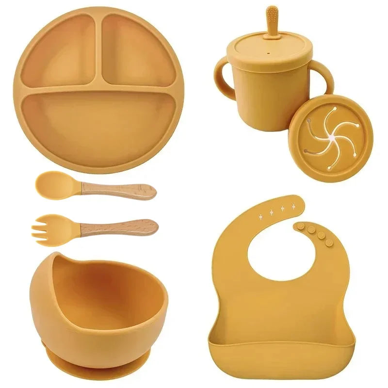 Food Grade Silicone Child Dish Set Baby Feeding Bowl Suction Plate Straw Cup Wooden Spoon Fork for Kids Tableware Toddler Dishes