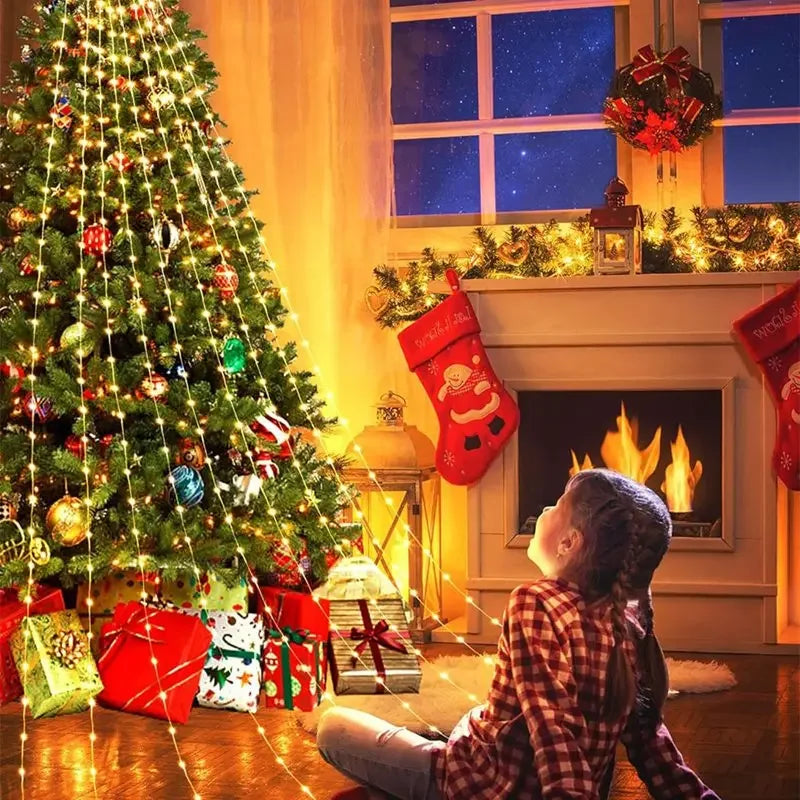 Christmas Waterfall Fairy String Lights with Topper Star, Christmas Tree Decorations for Home 2025 Navidad Natal New Year 2026