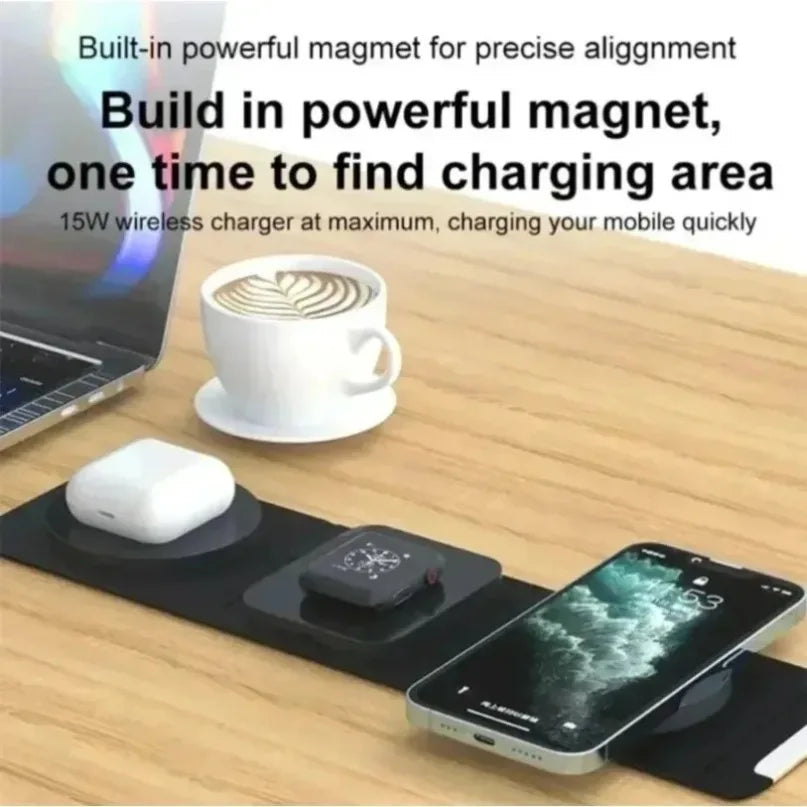 3-In-1 Magnetic Wireless Charger Dock Fabric Art Foldable Portable Fast Charging Station for Magsafe Iphone 16~12 Airpods Iwatch