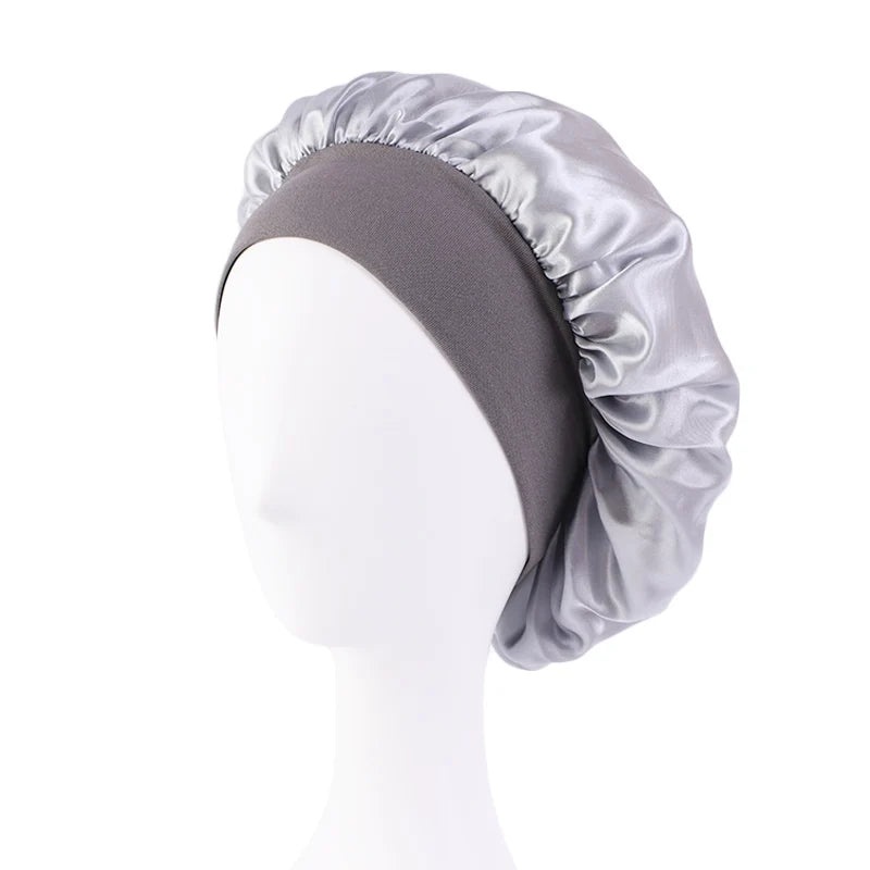 Women'S Satin Solid Bonnets Wide-Brimmed Night Sleeping Bathing Hat Unisex Head Wrap Elastic Band Cap Hair Care Bonnet