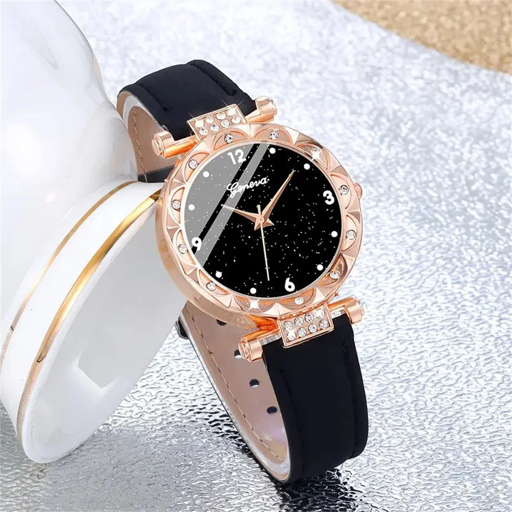 Womens Watches 5Pcs Set Luxury Rhinestone Women Fashion Elegant Wristwatch Quartz Watch for Girl Wristwatch Bracelet Gift