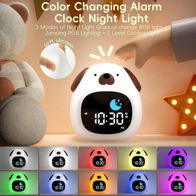 Alarm Clock for Kids Puppy-Shape Toddler Sleep Training Clock Cute Touch Night Light for Children Bedroom