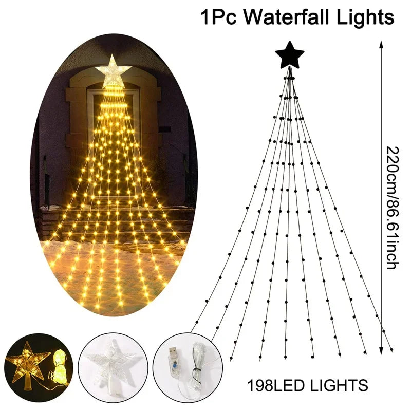Christmas Waterfall Fairy String Lights with Topper Star, Christmas Tree Decorations for Home 2025 Navidad Natal New Year 2026
