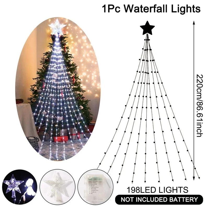 Christmas Waterfall Fairy String Lights with Topper Star, Christmas Tree Decorations for Home 2025 Navidad Natal New Year 2026