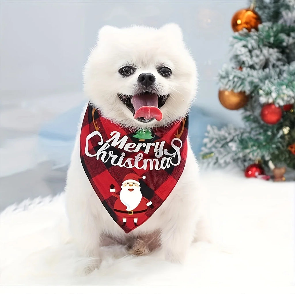 Christmas Dog Bandana with Santa & Snowman Design - 100% Polyester Non- Fabric, Adjustable Holiday Pet Headband for All Dog