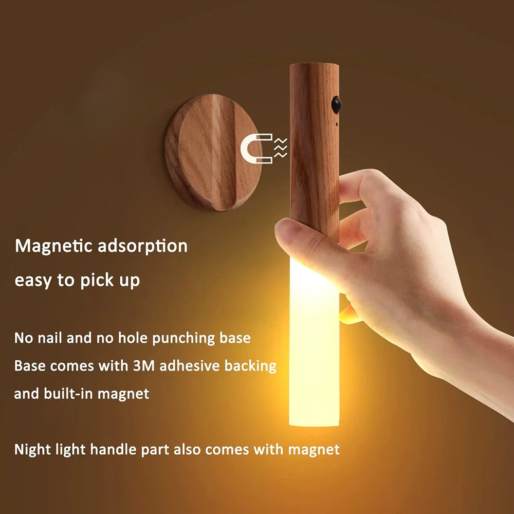 Rechargeable Wall Sconces Magnetic Wall Lightsnight Light Motion Sensor Night Lights Wooden Wall Lighting for Bedroom Stair