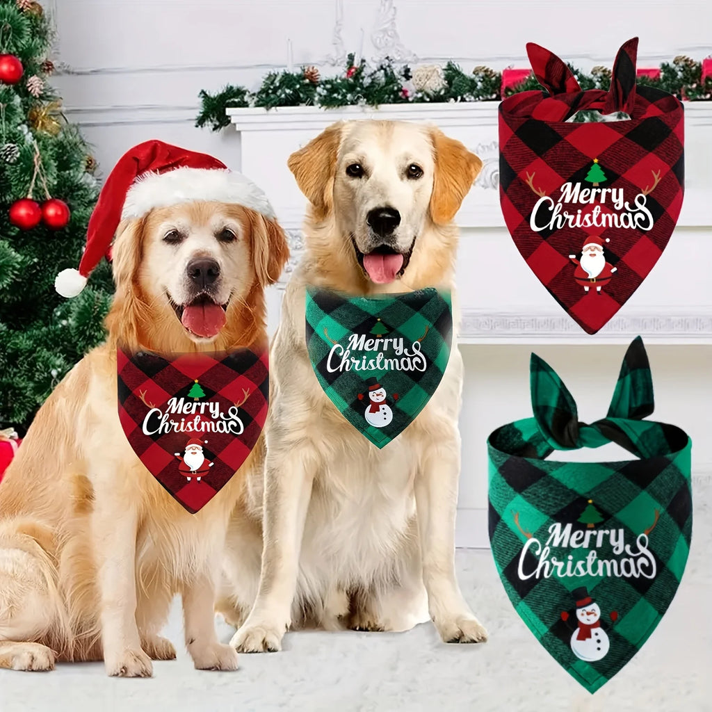 Christmas Dog Bandana with Santa & Snowman Design - 100% Polyester Non- Fabric, Adjustable Holiday Pet Headband for All Dog