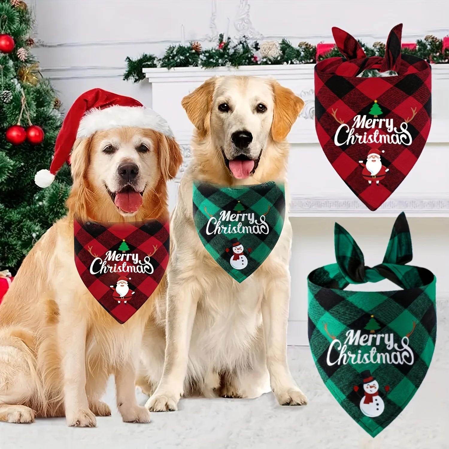 Christmas Dog Bandana with Santa & Snowman Design - 100% Polyester Non- Fabric, Adjustable Holiday Pet Headband for All Dog