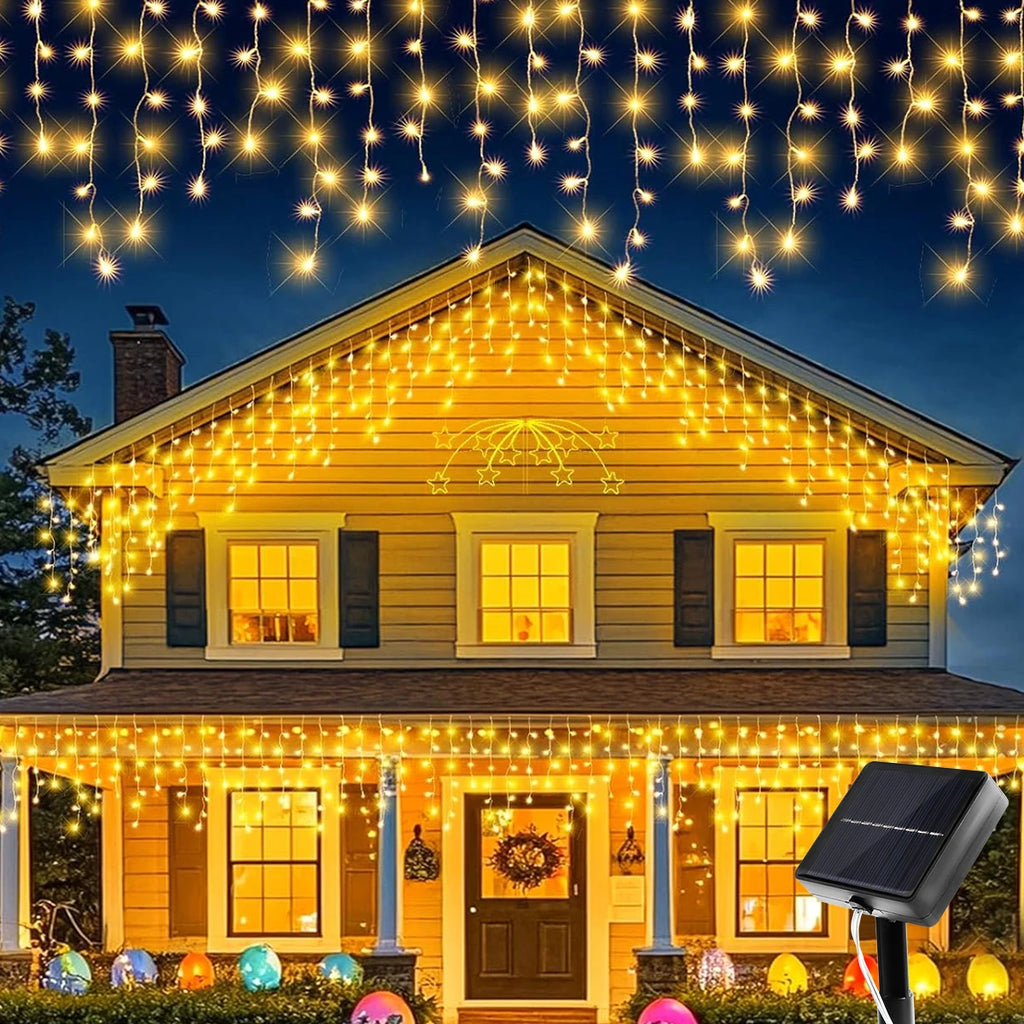 Solar LED Eaves Icicle String Lights 8 Lighting Modes Outdoor Waterproof Christmas Decorations Fairy Lights for Yard Garden