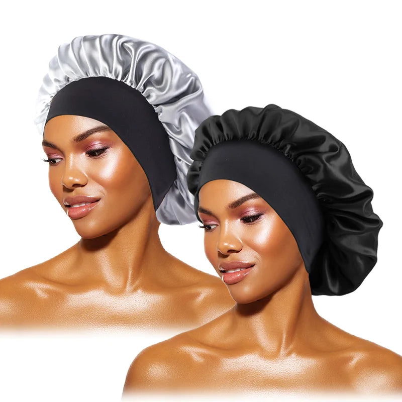 Women'S Satin Solid Bonnets Wide-Brimmed Night Sleeping Bathing Hat Unisex Head Wrap Elastic Band Cap Hair Care Bonnet