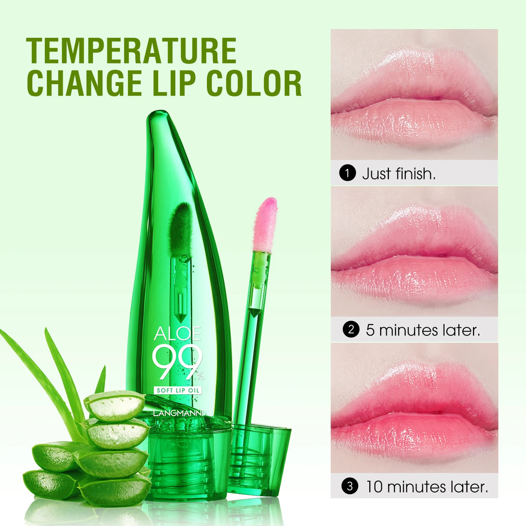 Langmannni Aloe Vera Moisturizing Lip Gloss Warm Feeling Color Changing Lip Glaze Long Lasting Moisture Lip Oil