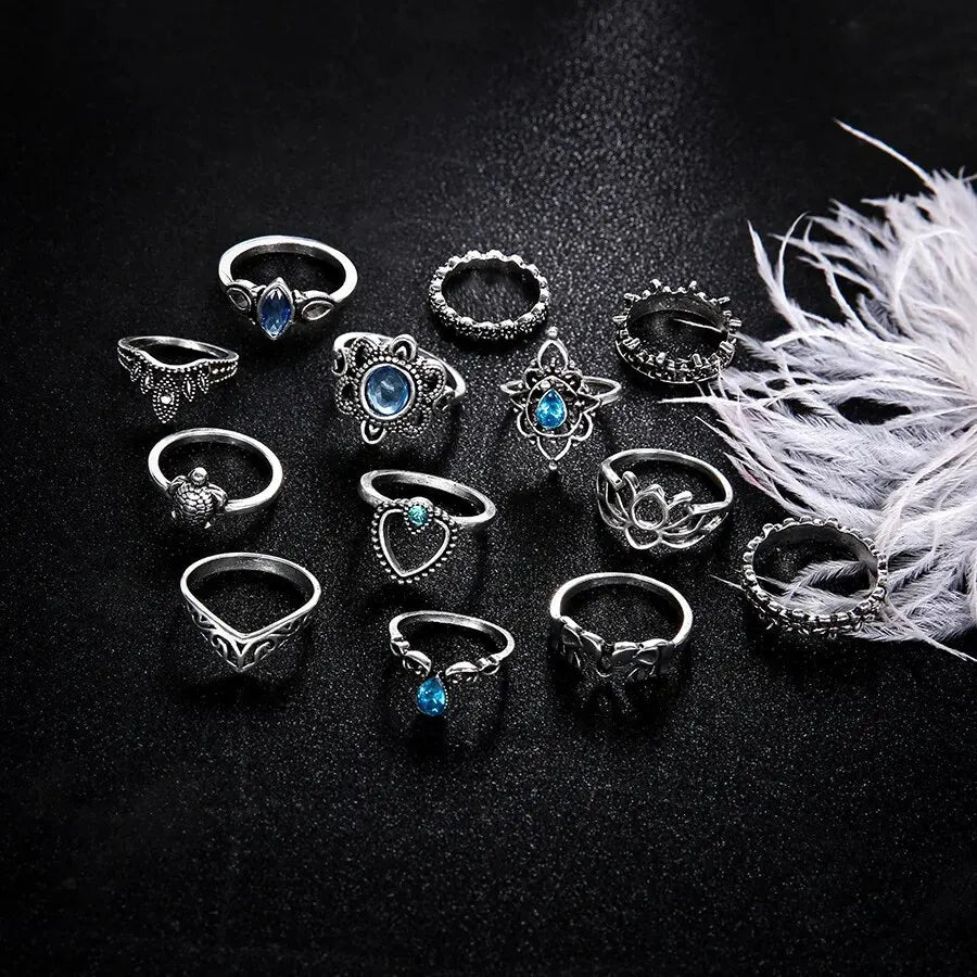 13Pcs/Set Vintage Carved Hollow Flower Crown Love Rings for Women Trendy 2024 Retro Exquisite Fringer Rings Party Jewelry Gift