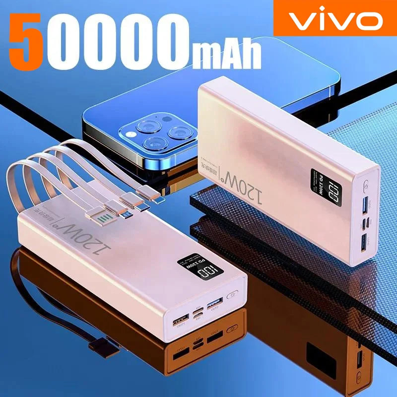 120W 50000Mah High Capacity Power Bank 4 in 1 Cables Fast Charging Powerbank Portable Battery Charger for Iphone Samsung