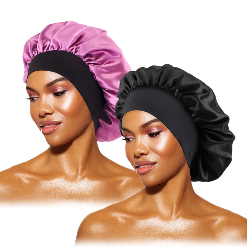 Women'S Satin Solid Bonnets Wide-Brimmed Night Sleeping Bathing Hat Unisex Head Wrap Elastic Band Cap Hair Care Bonnet