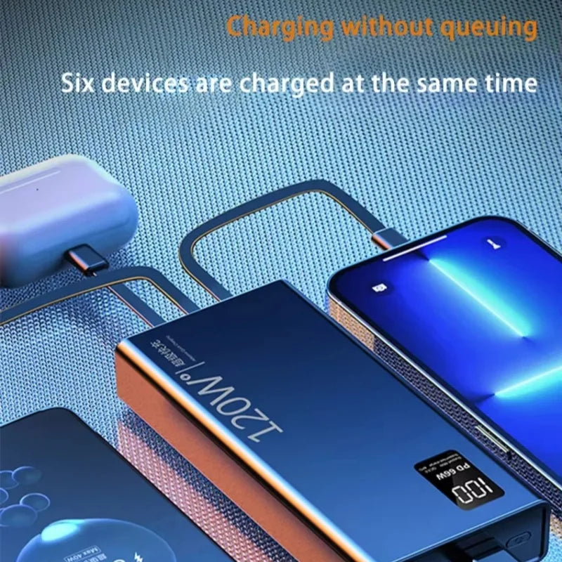 120W 50000Mah High Capacity Power Bank 4 in 1 Cables Fast Charging Powerbank Portable Battery Charger for Iphone Samsung