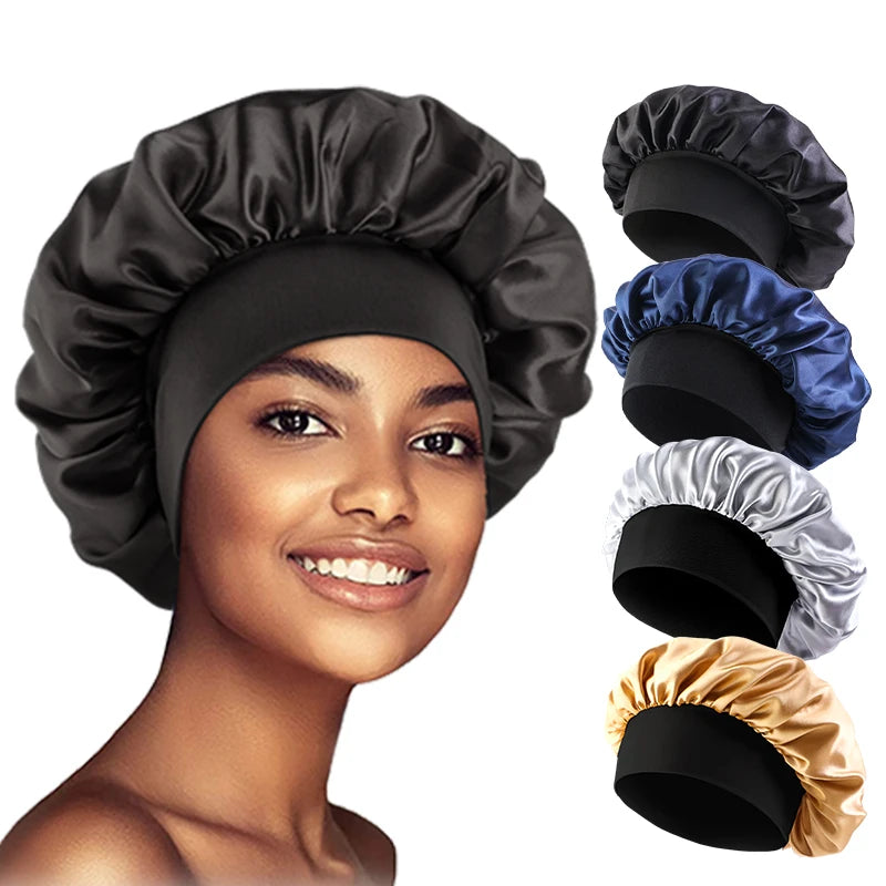 Women'S Satin Solid Bonnets Wide-Brimmed Night Sleeping Bathing Hat Unisex Head Wrap Elastic Band Cap Hair Care Bonnet