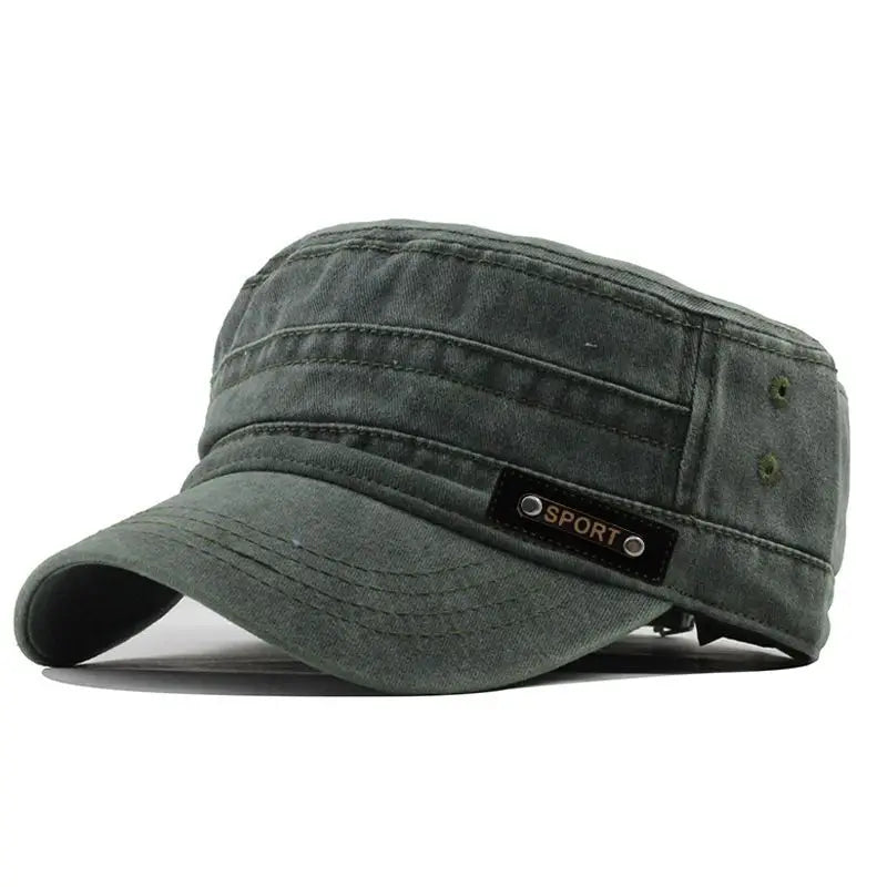 Spring Summer and Autumn Mens New Washable Cotton Flat Top Sun Proof Military Cap