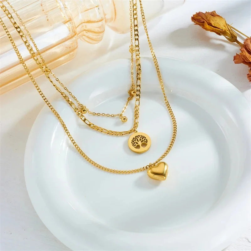 3PCS Set Heart Tree Pendant Necklace Bracelet Earring Set Gold Plating Big Heart Pendant Lucky Tree Crystal Jewelry Set