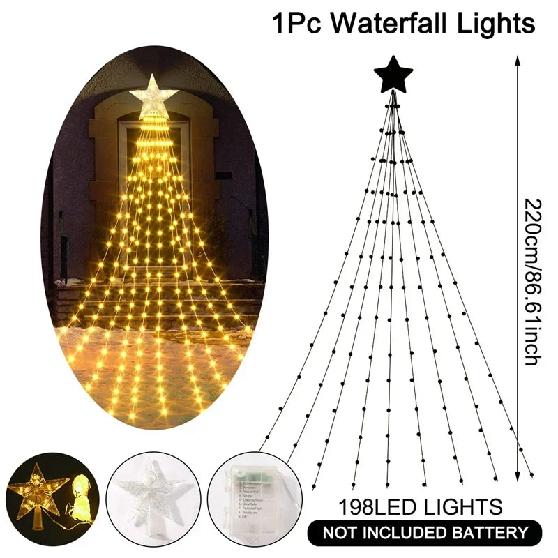 Christmas Waterfall Fairy String Lights with Topper Star, Christmas Tree Decorations for Home 2025 Navidad Natal New Year 2026