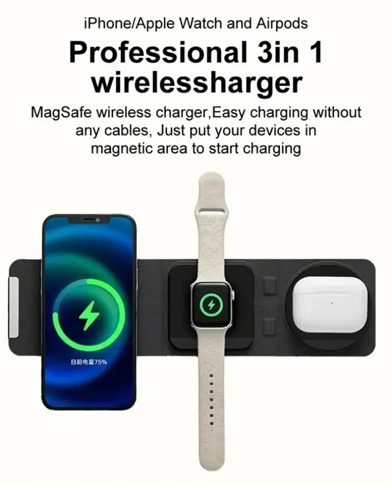 3-In-1 Magnetic Wireless Charger Dock Fabric Art Foldable Portable Fast Charging Station for Magsafe Iphone 16~12 Airpods Iwatch