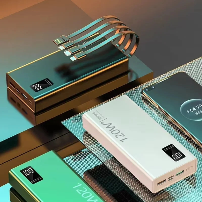 120W 50000Mah High Capacity Power Bank 4 in 1 Cables Fast Charging Powerbank Portable Battery Charger for Iphone Samsung