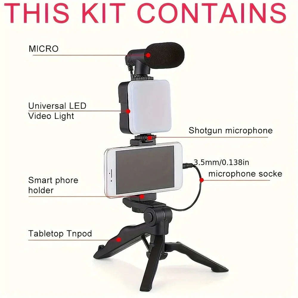 Smartphone Vlogging Kit with Tripod Phone Holder Mini Microphone Fill Light Starter Handle Portable Stabilizer Bracket
