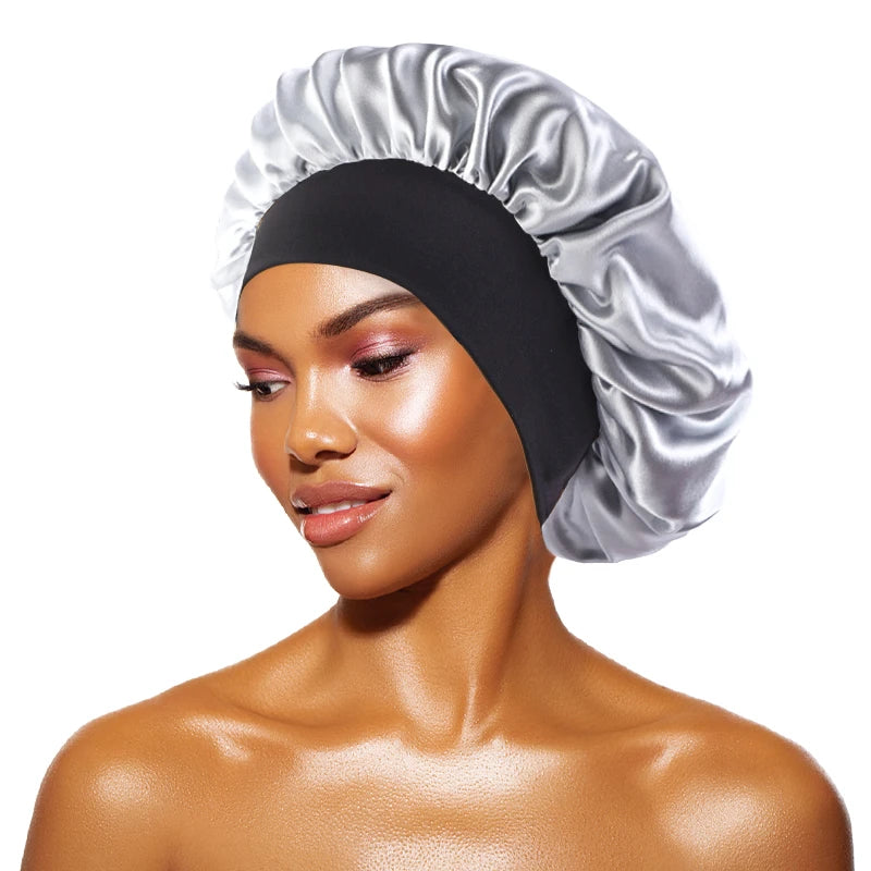 Women'S Satin Solid Bonnets Wide-Brimmed Night Sleeping Bathing Hat Unisex Head Wrap Elastic Band Cap Hair Care Bonnet