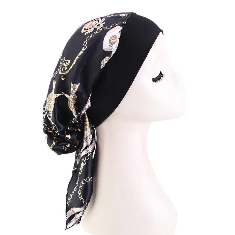Women Pre-Tied Satin Turban Muslim Inner Hijabs Cancer Chemo Caps Headscarf Hair Loss Headwrap Bandana Elastic Hair Accessories