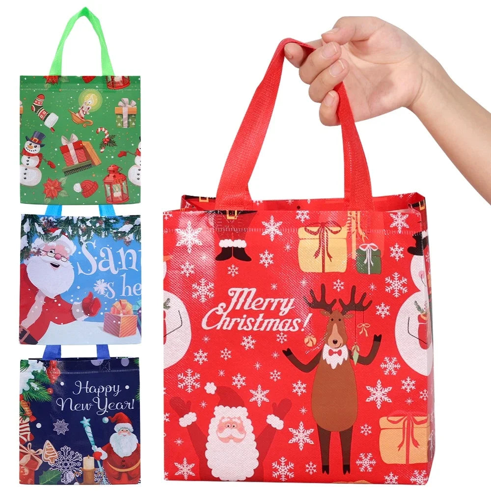 Christmas Tote Bags Reusable Gift Bags Non-Woven Christmas Gift Organiser Santa Snowman Treat Bags Navidad Party Decorations