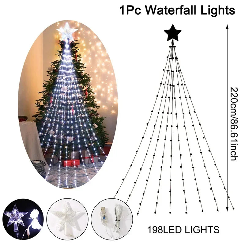 Christmas Waterfall Fairy String Lights with Topper Star, Christmas Tree Decorations for Home 2025 Navidad Natal New Year 2026