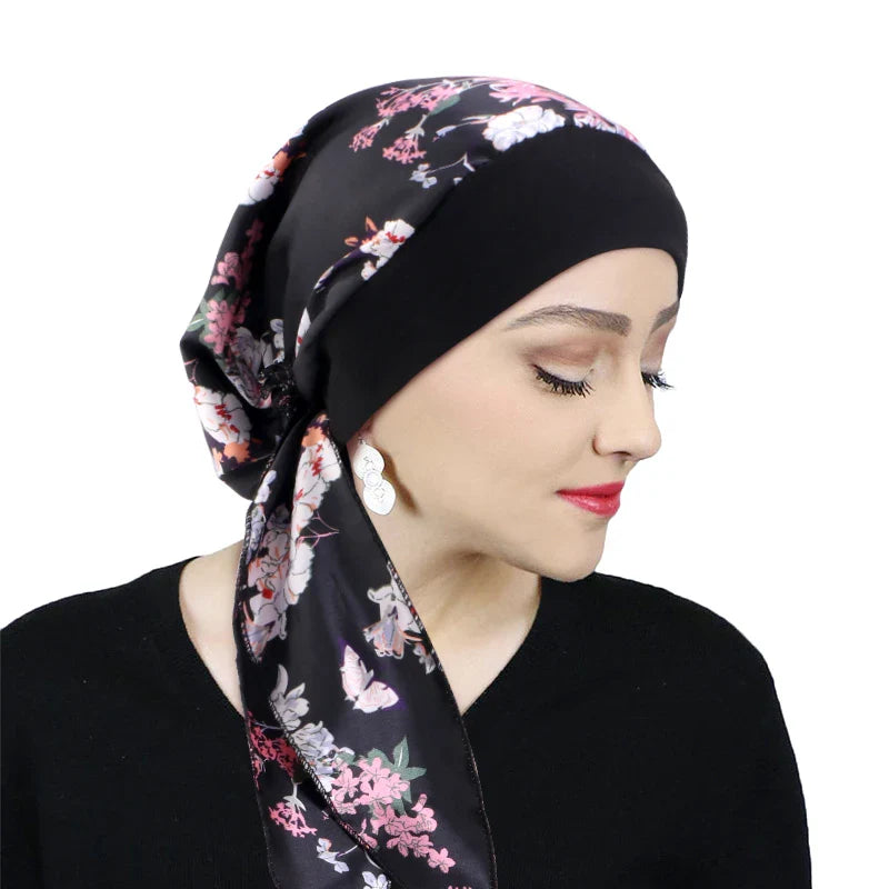 Women Pre-Tied Satin Turban Muslim Inner Hijabs Cancer Chemo Caps Headscarf Hair Loss Headwrap Bandana Elastic Hair Accessories