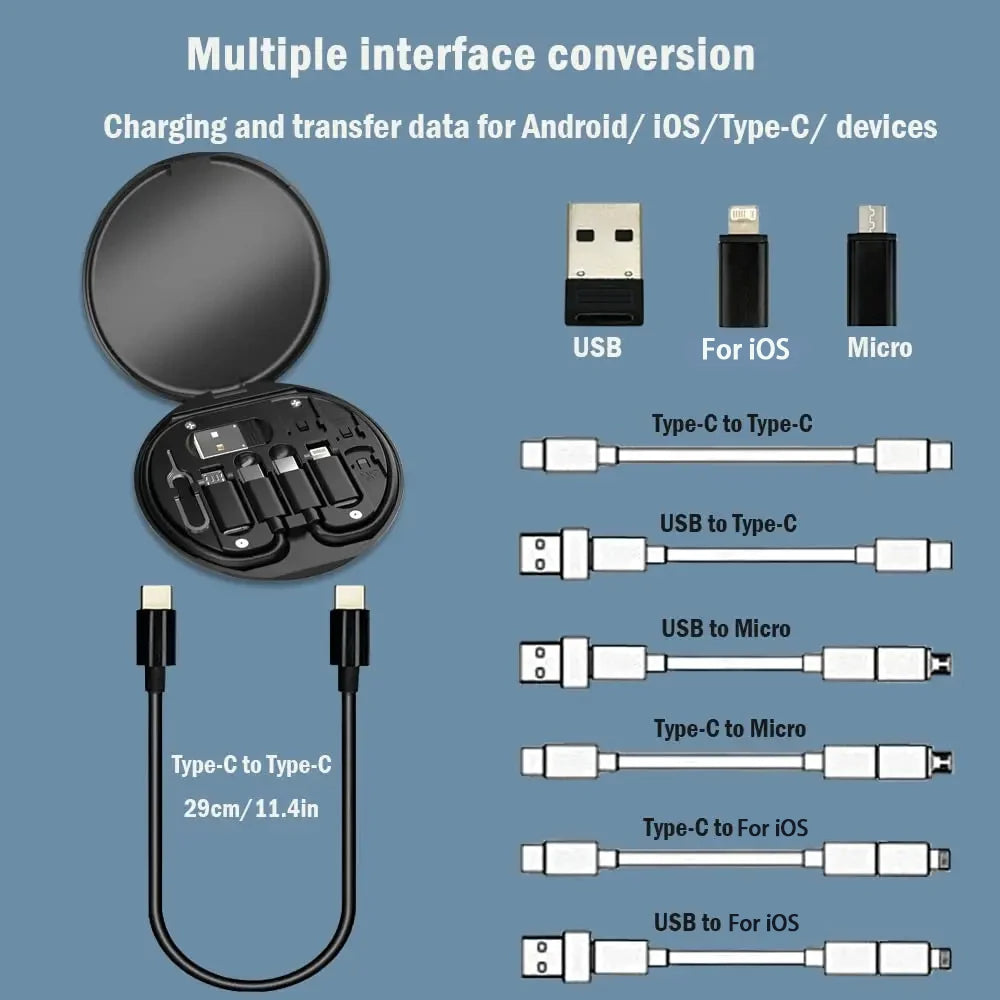 PD 60W Multifunctional USB Type C Data Cable Set Fast Charging for Iphone Xiaomi Charger Storage Box Adapter Card Pin Travel Box