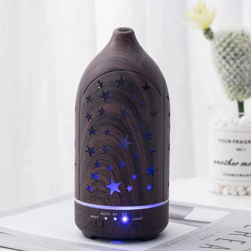 Humidifier with 7 Colors LED Light 360 ° Rotary Hollow Aromatherapy Machine for Bedroom Humidifier Mist Spray Office Wood Grain