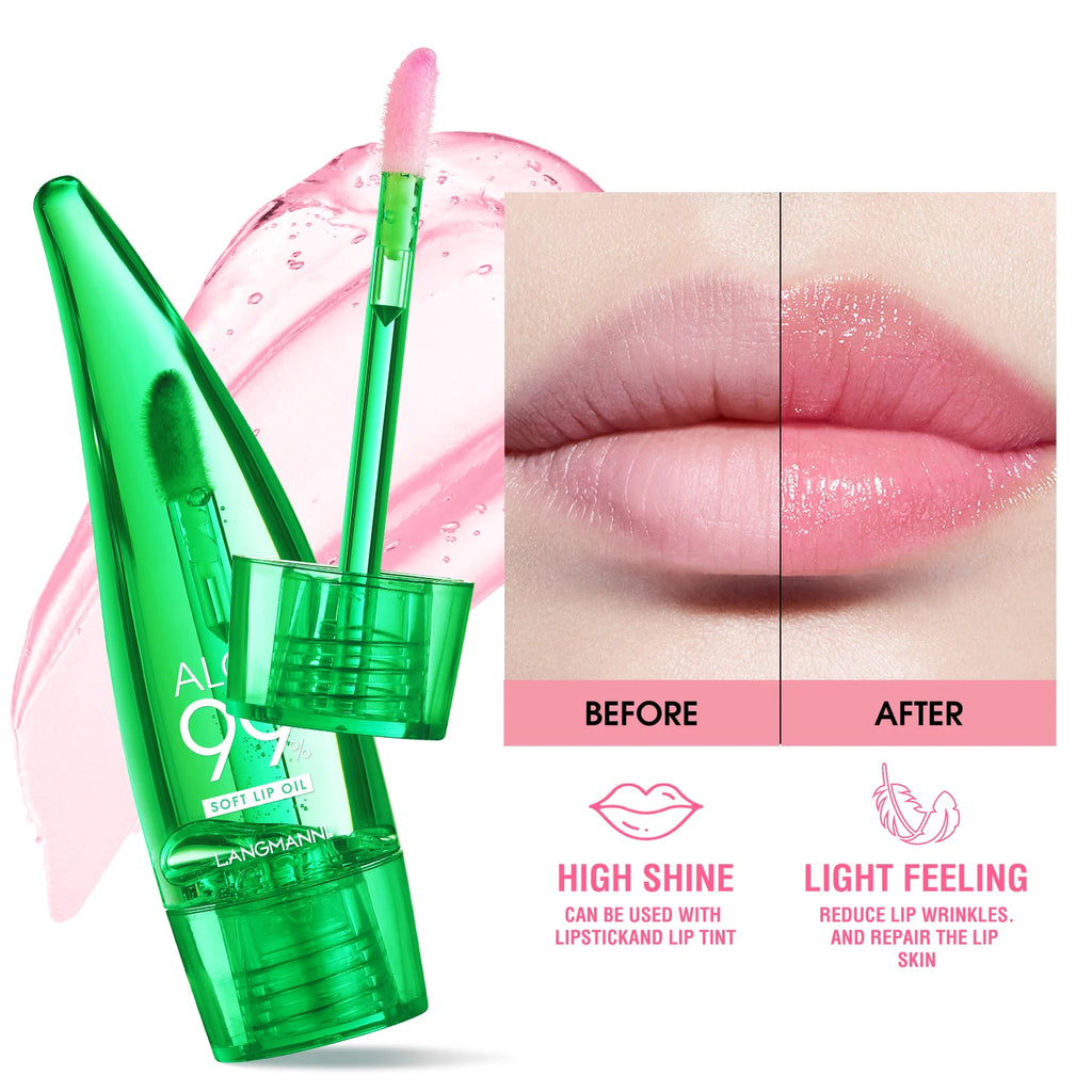 Langmannni Aloe Vera Moisturizing Lip Gloss Warm Feeling Color Changing Lip Glaze Long Lasting Moisture Lip Oil
