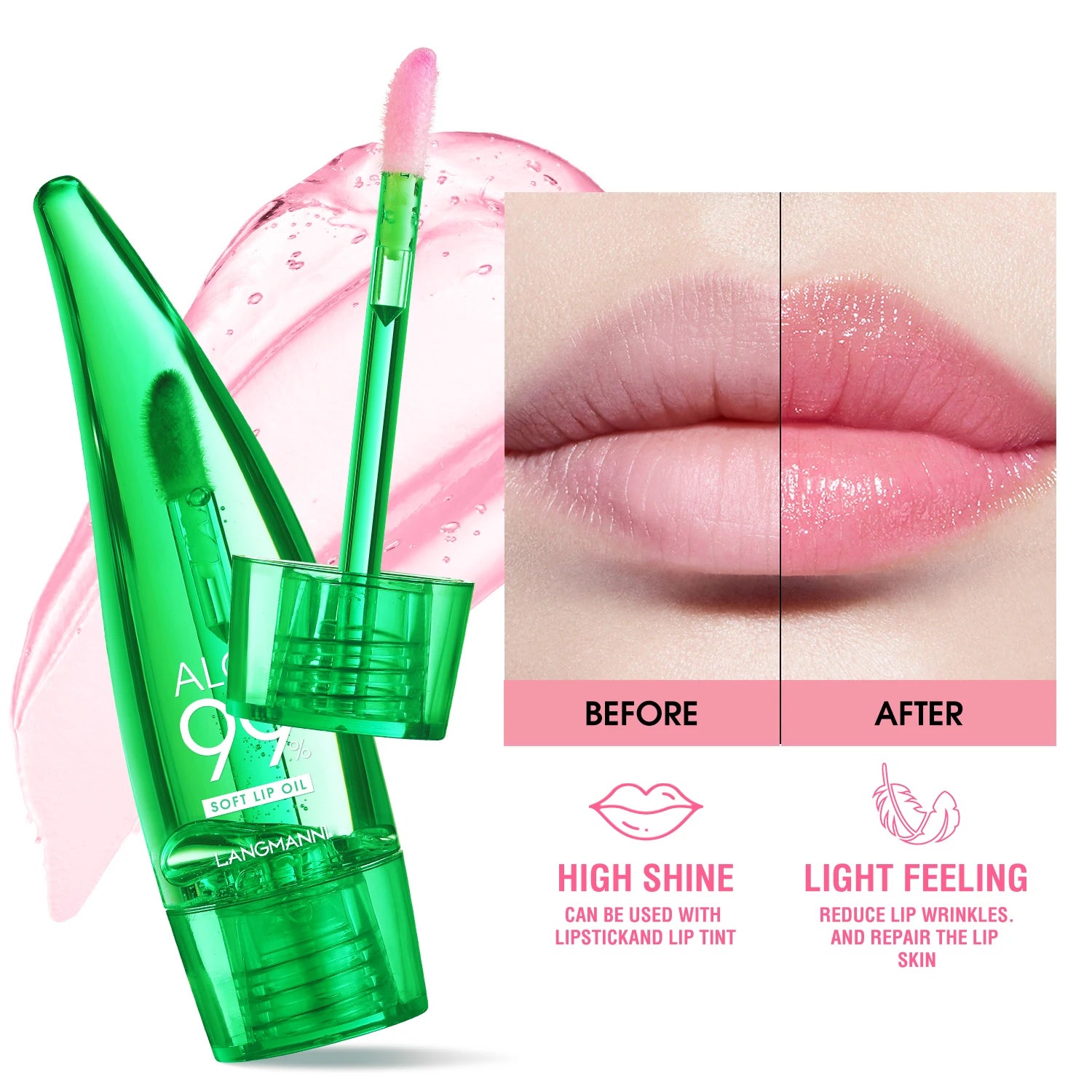 Langmannni Aloe Vera Moisturizing Lip Gloss Warm Feeling Color Changing Lip Glaze Long Lasting Moisture Lip Oil