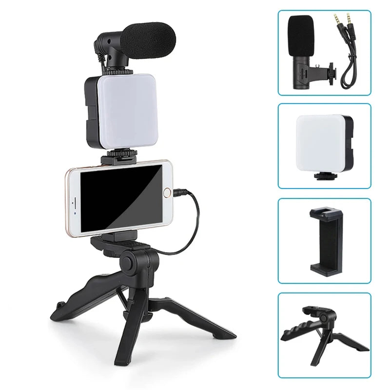 Smartphone Vlogging Kit with Tripod Phone Holder Mini Microphone Fill Light Starter Handle Portable Stabilizer Bracket