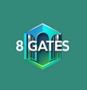 Logo of '8 Gates' with a blue and green hexagonal design on a dark blue background