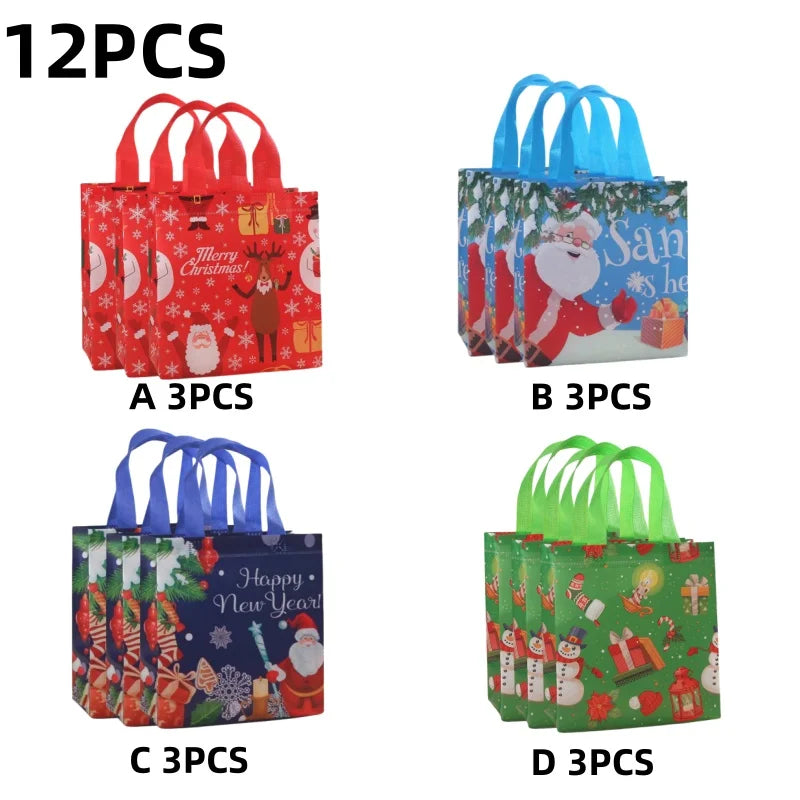 Christmas Tote Bags Reusable Gift Bags Non-Woven Christmas Gift Organiser Santa Snowman Treat Bags Navidad Party Decorations