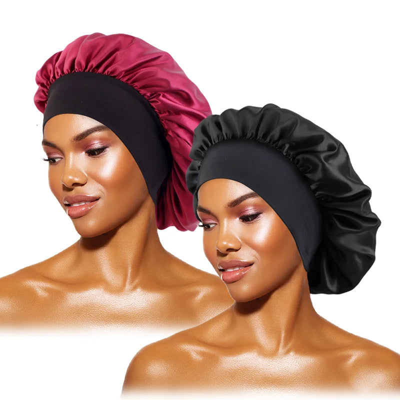 Women'S Satin Solid Bonnets Wide-Brimmed Night Sleeping Bathing Hat Unisex Head Wrap Elastic Band Cap Hair Care Bonnet