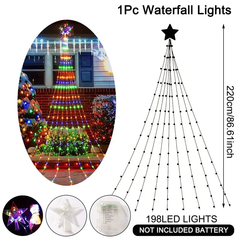 Christmas Waterfall Fairy String Lights with Topper Star, Christmas Tree Decorations for Home 2025 Navidad Natal New Year 2026